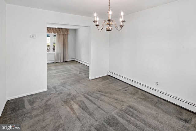 unfurnished dining area with a notable chandelier, carpet flooring, and a baseboard radiator