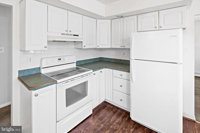 kitchen with white appliances, tasteful backsplash, white cabinets, custom range hood, and dark wood-type flooring