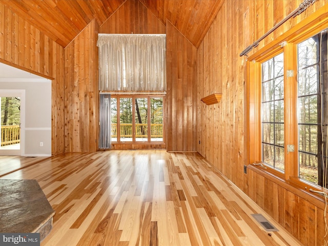 unfurnished living room featuring hardwood / wood-style floors, high vaulted ceiling, wooden walls, and wood ceiling