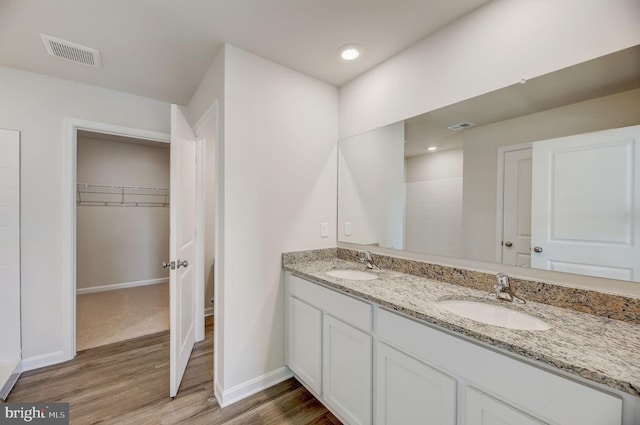 bathroom with vanity and hardwood / wood-style flooring