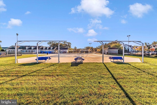 view of jungle gym with a patio, a gazebo, and a lawn