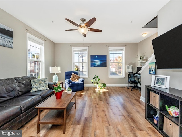 living room featuring light hardwood / wood-style floors and ceiling fan