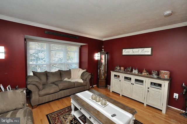 living room featuring crown molding and light wood-type flooring