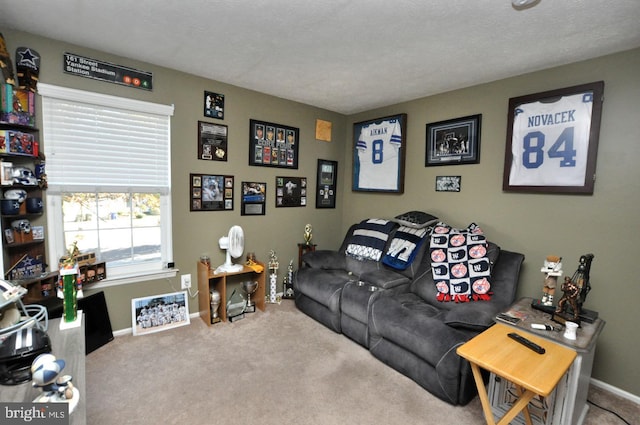 living room featuring light carpet and a textured ceiling