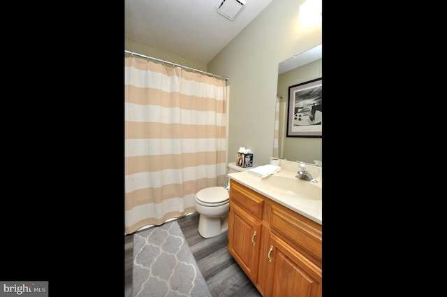 bathroom featuring vanity, hardwood / wood-style flooring, and toilet