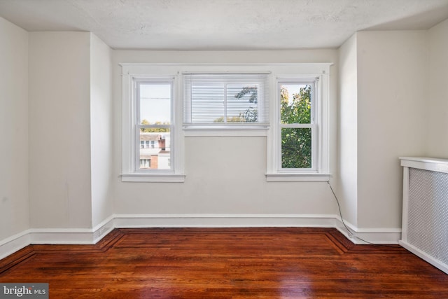 empty room with a textured ceiling, plenty of natural light, and dark hardwood / wood-style flooring