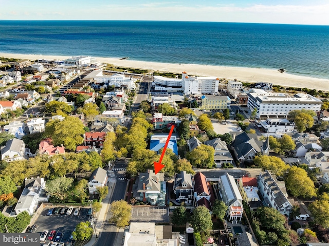 bird's eye view with a water view and a view of the beach