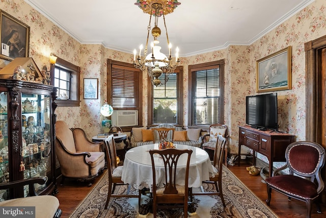 dining room with crown molding, a chandelier, dark wood-type flooring, and cooling unit