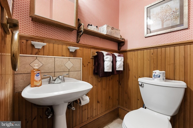 bathroom with wooden walls and toilet