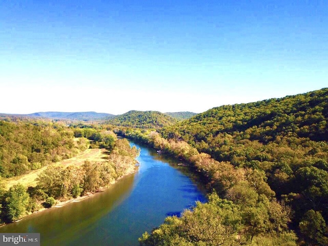 bird's eye view with a forest view and a water and mountain view
