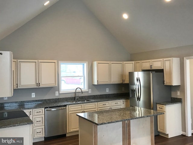 kitchen with stainless steel appliances, a sink, dark wood finished floors, and high vaulted ceiling