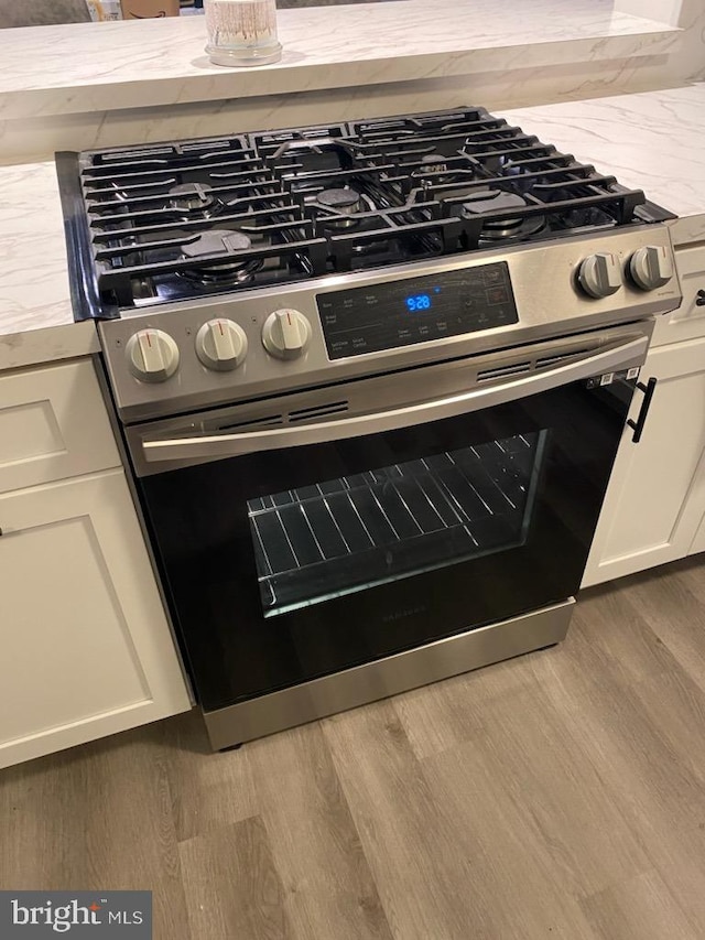 interior details with stainless steel gas stove and hardwood / wood-style flooring