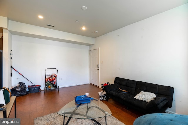 living room featuring dark wood-type flooring