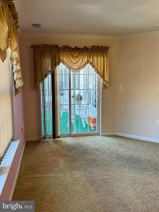 carpeted spare room with a healthy amount of sunlight and ornamental molding