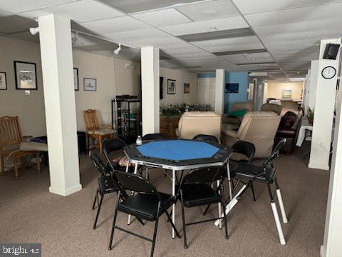 carpeted dining area with a drop ceiling