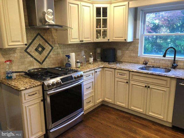 kitchen featuring tasteful backsplash, dark hardwood / wood-style flooring, sink, wall chimney exhaust hood, and stainless steel appliances