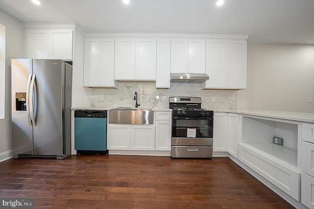 kitchen with stainless steel appliances, range hood, sink, white cabinetry, and dark hardwood / wood-style flooring