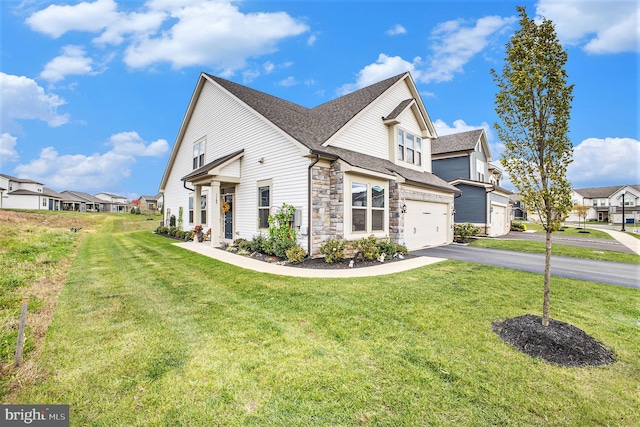 view of property exterior featuring a garage and a lawn