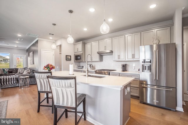 kitchen featuring pendant lighting, an island with sink, light hardwood / wood-style flooring, and stainless steel appliances