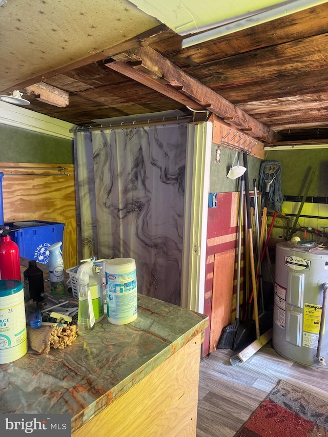 basement featuring hardwood / wood-style flooring and electric water heater