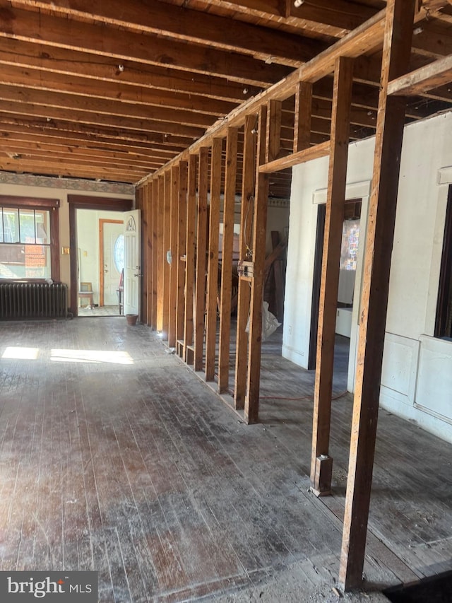 miscellaneous room with radiator and dark hardwood / wood-style flooring