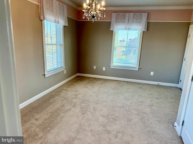 unfurnished room with light colored carpet, crown molding, and a chandelier