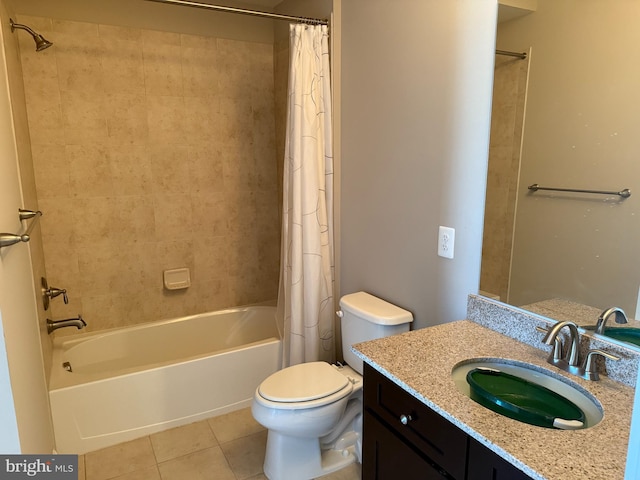 full bathroom featuring toilet, shower / bath combination with curtain, vanity, and tile patterned floors