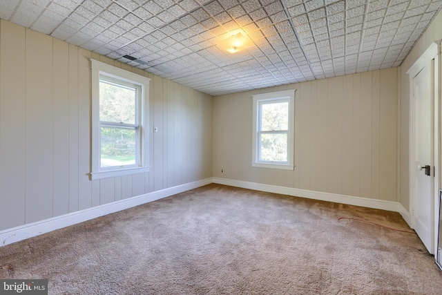 carpeted empty room with a paneled ceiling and a wealth of natural light