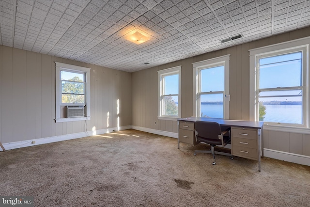 unfurnished office featuring cooling unit, plenty of natural light, light colored carpet, and a water view