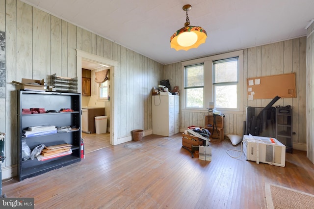 misc room featuring wood walls and light wood-type flooring