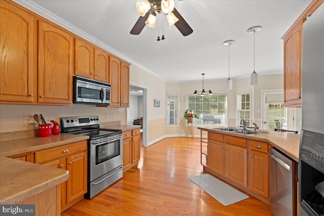 kitchen featuring sink, hanging light fixtures, stainless steel appliances, crown molding, and light wood-type flooring