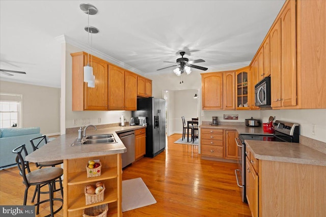 kitchen featuring sink, a kitchen breakfast bar, light hardwood / wood-style flooring, appliances with stainless steel finishes, and ornamental molding