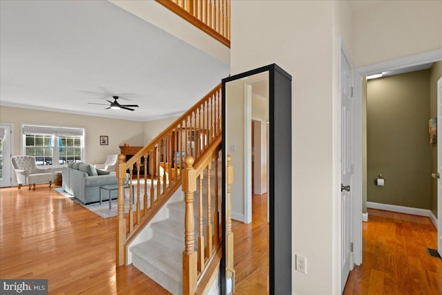 staircase featuring hardwood / wood-style flooring and ceiling fan