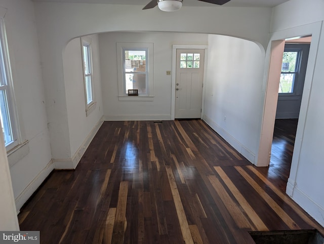 entryway featuring ceiling fan, dark hardwood / wood-style floors, and a wealth of natural light