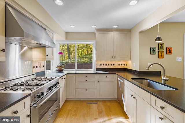 6503 Fleecydale Rd, New Hope, PA 18938 - kitchen featuring light wood finished floors, stainless steel appliances, wall chimney range hood, a sink, and decorative backsplash