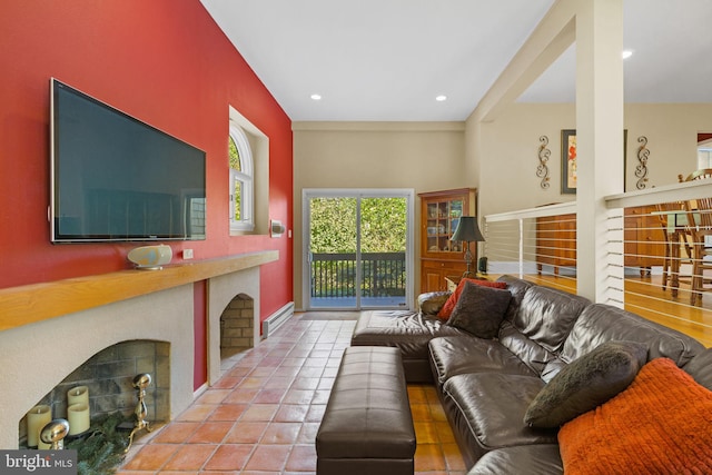 6503 Fleecydale Rd, New Hope, PA 18938 - tiled living room featuring baseboard heating, a fireplace, and recessed lighting