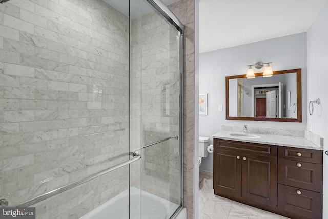 6503 Fleecydale Rd, New Hope, PA 18938 - full bathroom featuring bath / shower combo with glass door, marble finish floor, vanity, and toilet