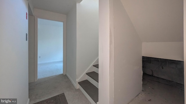 stairs with vaulted ceiling and carpet floors