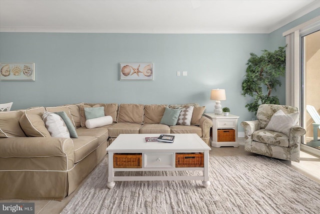 living room with crown molding