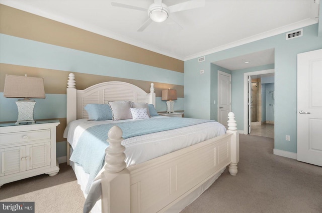 bedroom with crown molding, light carpet, and ceiling fan