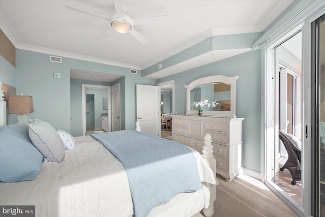 bedroom with light carpet, ornamental molding, ensuite bathroom, and ceiling fan