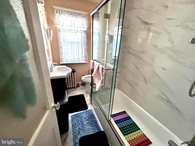 full bathroom with vanity, separate shower and tub, and toilet