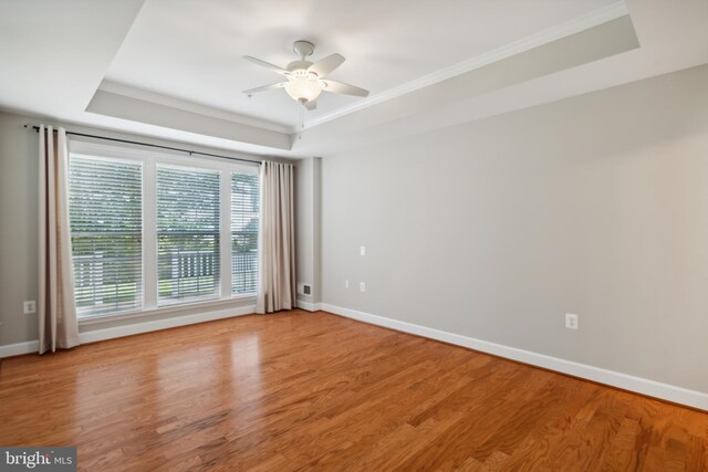 spare room featuring crown molding, a tray ceiling, light hardwood / wood-style floors, and ceiling fan