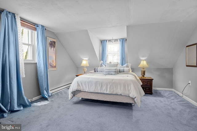 bedroom with lofted ceiling, multiple windows, baseboard heating, and carpet flooring