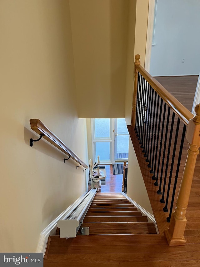 stairs with hardwood / wood-style flooring