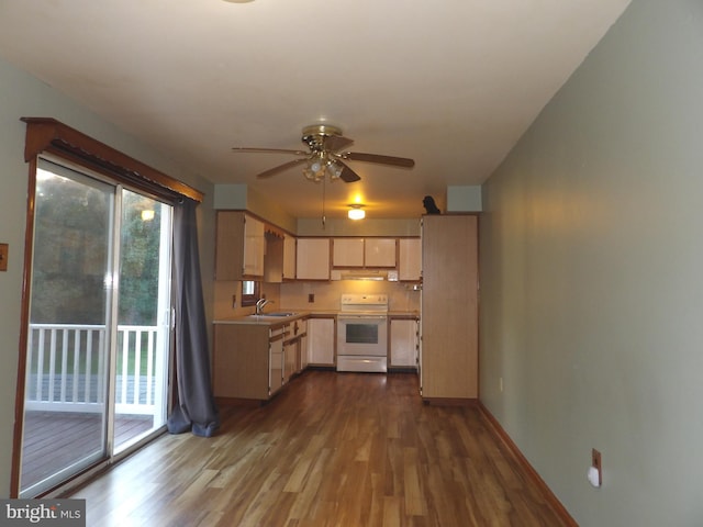 kitchen with white electric range, sink, dark hardwood / wood-style floors, and ceiling fan