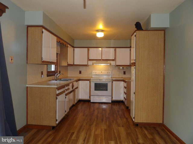 kitchen featuring sink, tasteful backsplash, electric range, and dark hardwood / wood-style floors