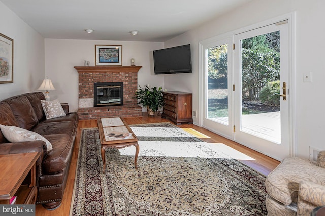 living room with light hardwood / wood-style floors, a healthy amount of sunlight, and a fireplace