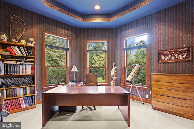 office space featuring light colored carpet, a tray ceiling, and wallpapered walls