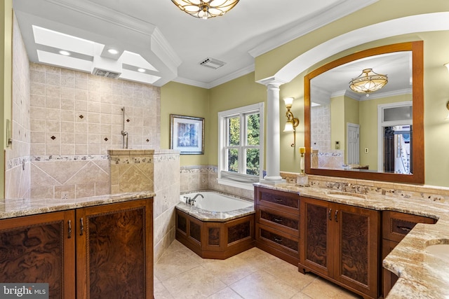 bathroom featuring tile walls, ornamental molding, a bath, vanity, and tile patterned flooring